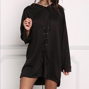 Black Lace Up Hooded Shift Dress
